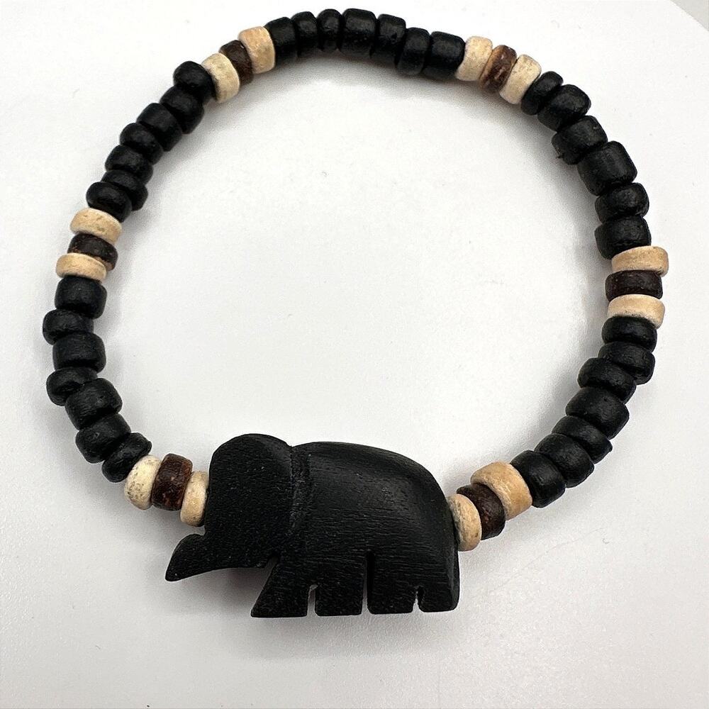 Vintage Y2K Wooden Elephant Charm Bracelet Beaded Boho Women's Classic Jewelry